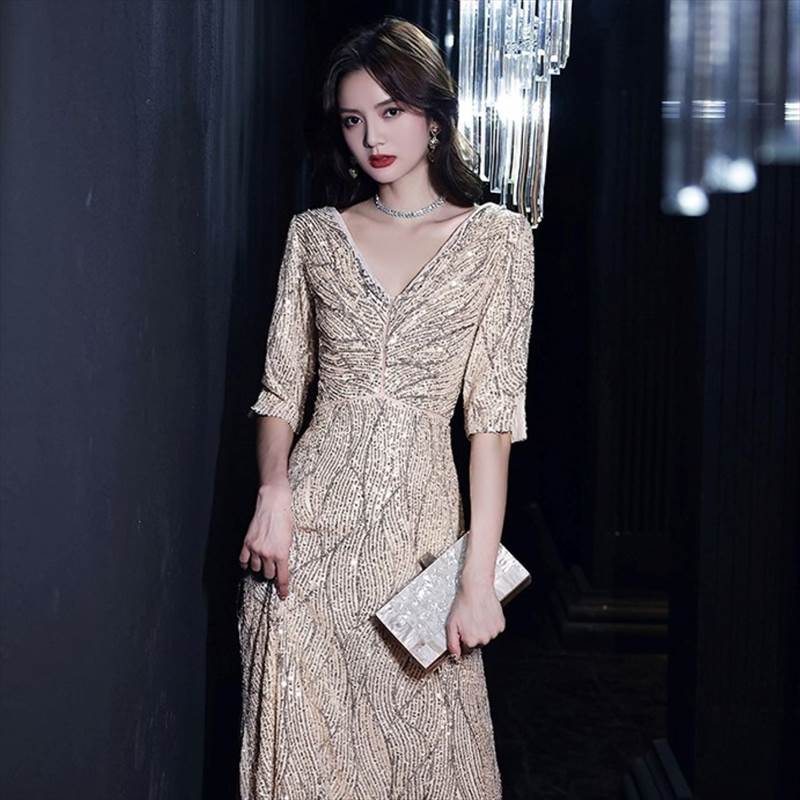 パーティードレス ロング ドレス 袖あり スパンコール Vネック スレンダー 個性的 かっこいい お洒落 結婚式 二次会 お呼ばれ 演奏会 発表会 フォーマル ドレス ワンピース 華やか キラキラ 存