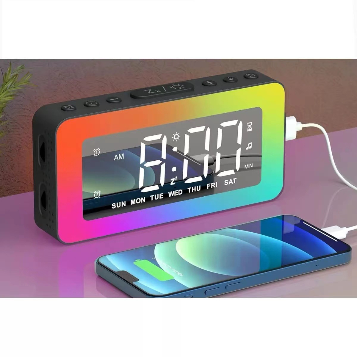 寝室用デジタル目覚まし時計8つのRGBナイトライト付きミラーアラーム