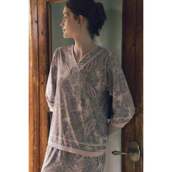 ビーナス 正常 ペイズリー ボーダー 捺染 女性 トップス 女子 室内着 VEV3988W PK C_P407559548