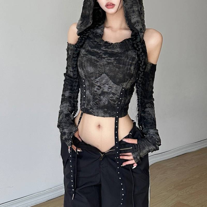 クロップドフーディー レディース トップス プルオーバー パーカー タイト スリム 細身 肩出し スタッズ付きベルト装飾 ショート クロップド丈 長袖 オープンショルダー 萌袖 フード ウエストシェイ