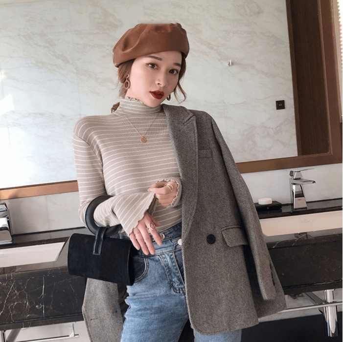 長袖インナーシャツ ハイネックインナーシャツ カジュアルインナー ボーダー柄トップス トップス シャツ プルオーバー 白トップス 袖あり 長袖 ハイネック スリム タイト 細身 Iライン スマート