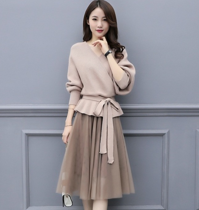 ワンピース デート モテアイテム フレアワンピース 膝丈 長袖 チュール シフォン ウエストリボン 可愛い きれいめ 上品 おしゃれ かっこいい 可愛い ラブリー キュート ガーリー クール