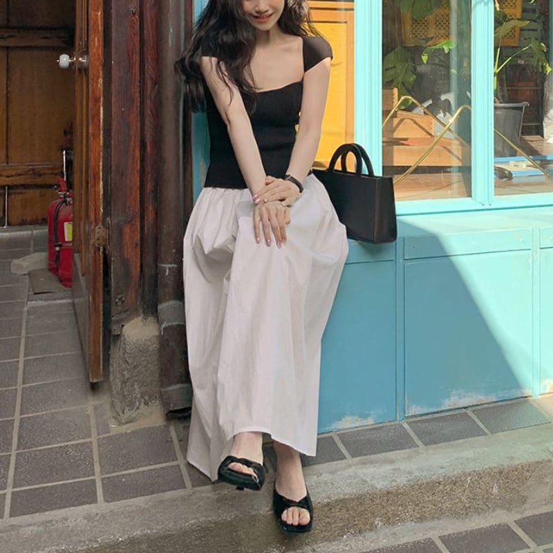 レディース セットアップ ミモレ丈 ホワイト ブラック シンプル おしゃれ オシャレ お洒落 283