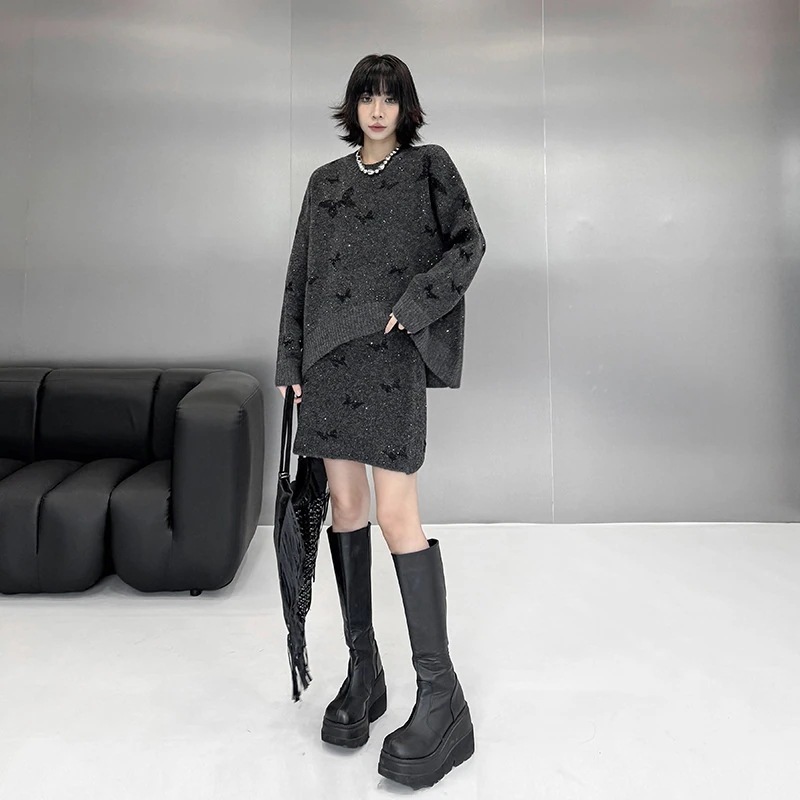 2025春 ニットセット 上下セット ニット＋スカート 蝶柄 おしゃれ レディース セットアップ