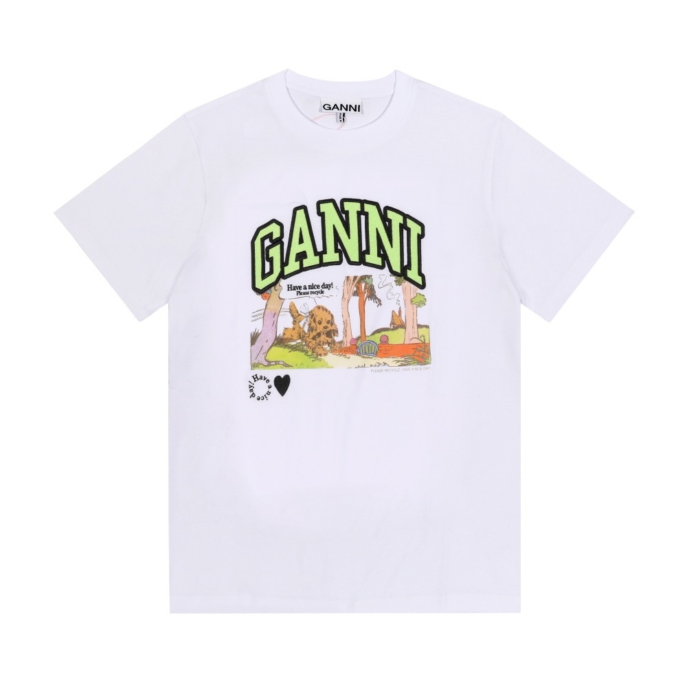 GANNI 漫画パピー ロゴプリント レディース 半袖Tシャツ T4288 151