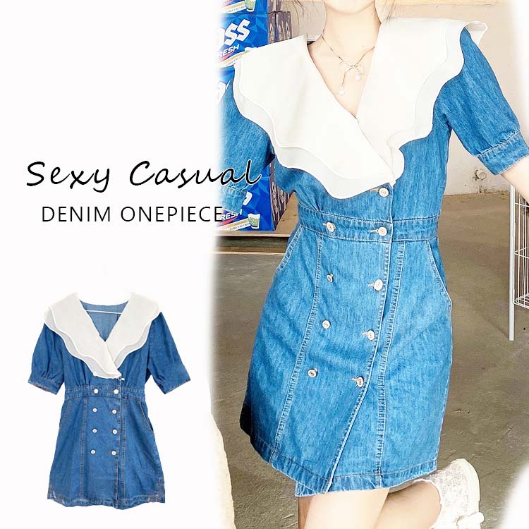 【新作】レディース ワンピース ミニ　夏　半袖 デニムワンピ 韓国 デート お出かけ ビッグフリルカラー フリル 襟 秋 冬