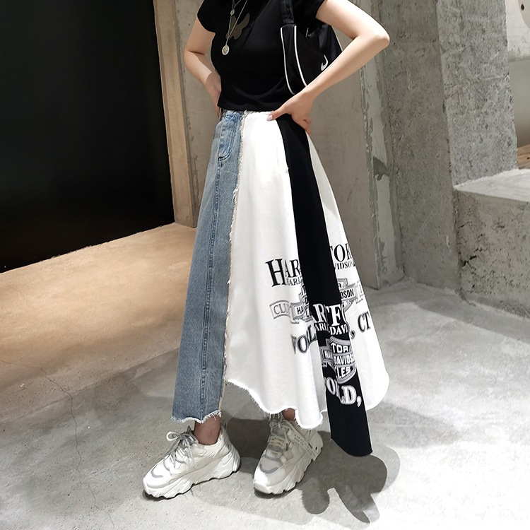 レディース スカート デニムスカート ロングスカート ロング アシンメトリー ワイド フレア Aライン 切り替え ドッキング ポケット ハイウエスト ヴィンテージ 切り替えデザイン デニム