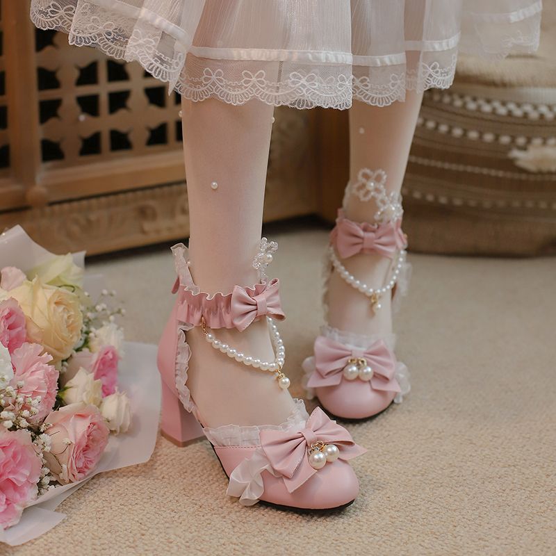 かわいいロリータシューズ万能ピンクローシューズハイヒールレディースリボンロリータシューズ女の子 セスシングルシューズレディース