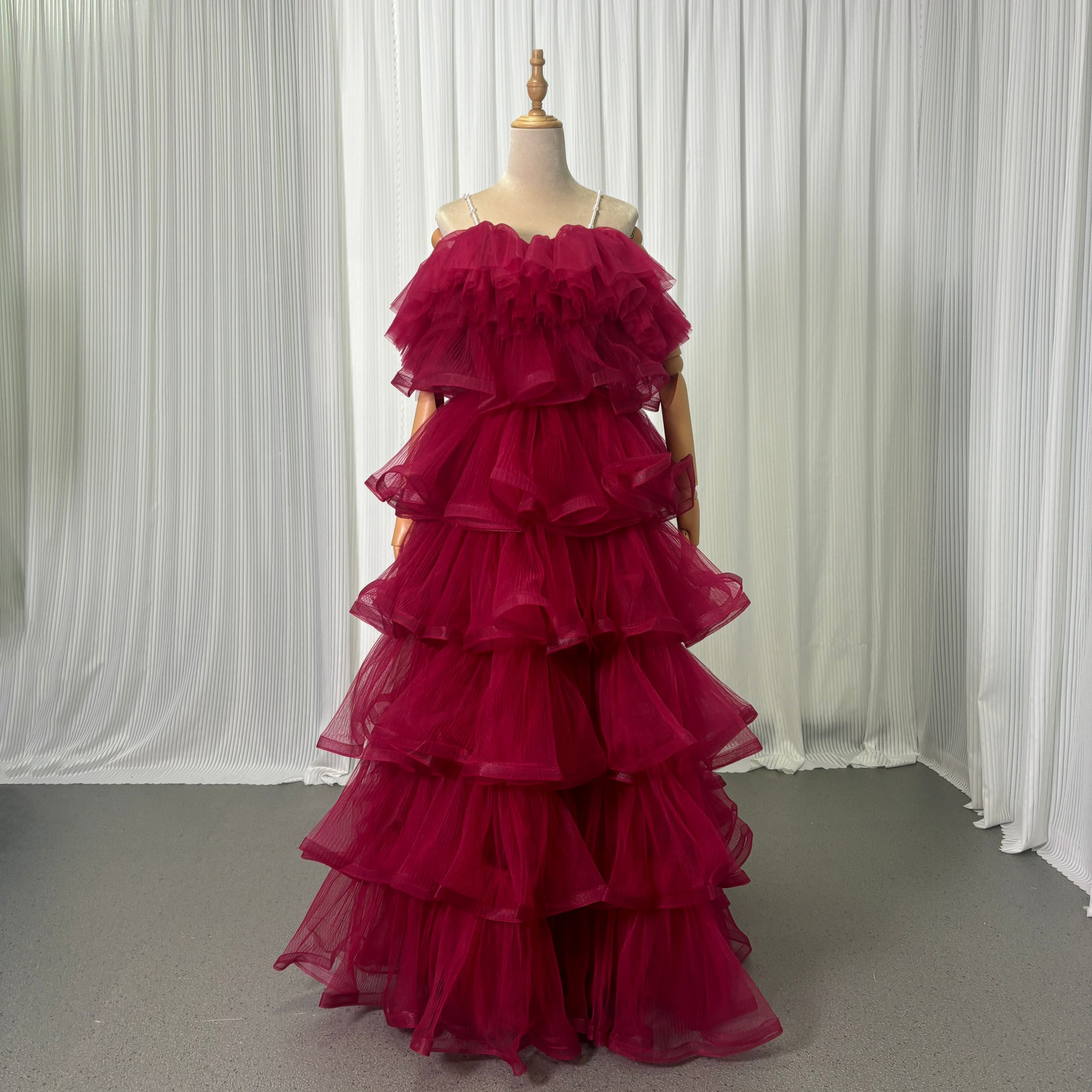 カラードレス えんじ色 パール キャミソール ソフトチュール 編み上げ ティアードのドレス 花嫁