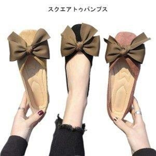 パンプス パンプス 蝶結び フラットシューズ レトロ シューズ 女性 靴 ローカット ぺったんこ レディース スクエアトゥ