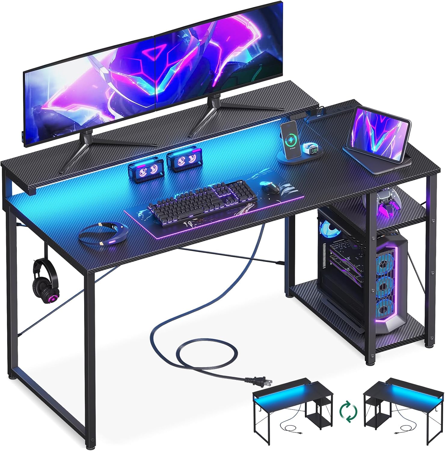 AODK ゲーミングデスク パソコンデスク ラック&コンセント付き 幅120cm 机 pcデスク ゲームデスク gaming desk モニター台&LED付き ゲーミングテーブル 左右入れ替え対応