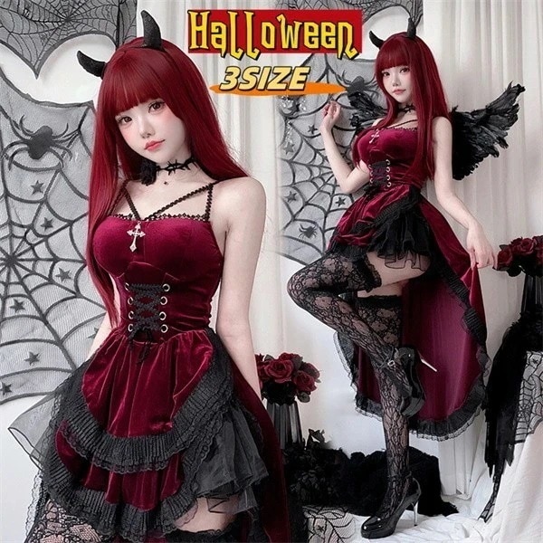 品質良い 大好評中ハロウィン コスプレ 大人 欧米風ダークゴシック ハロウィン衣装 レディース ワンピース テールスカート 魔女 吸血鬼 花嫁 パフォーマンス衣装