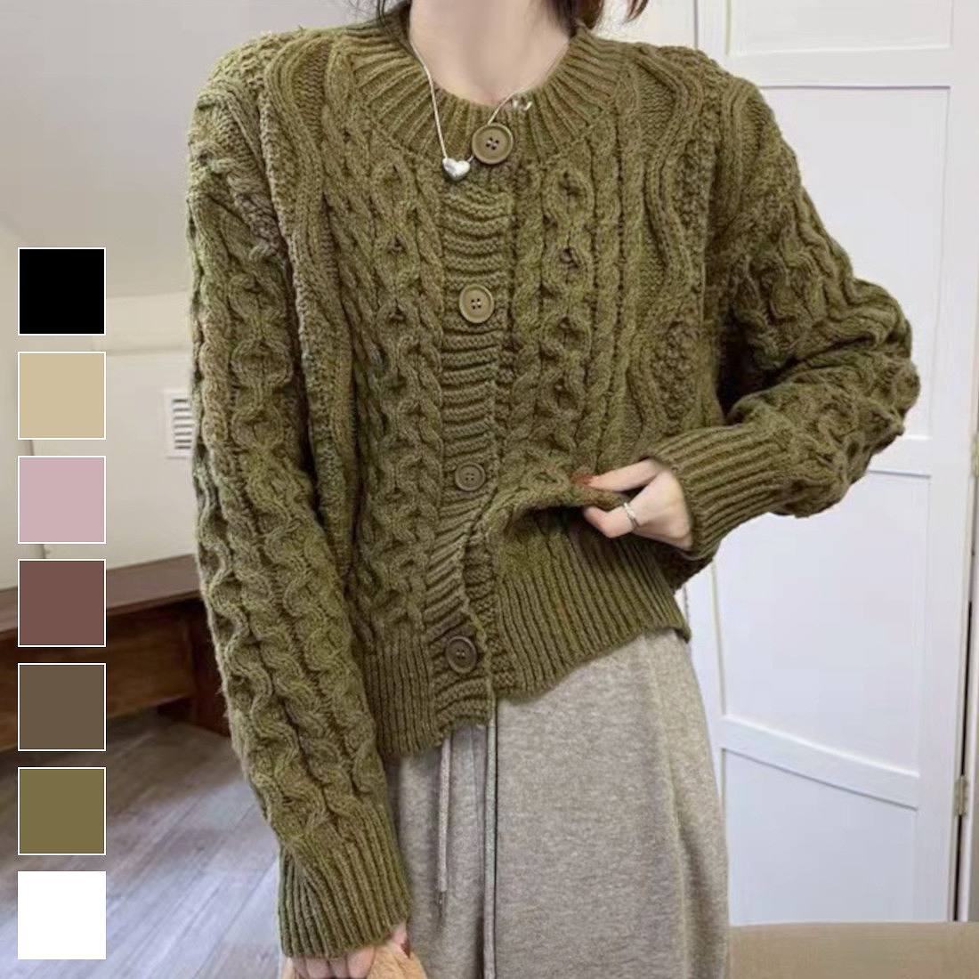 程よくゆったりしたデザインが大人可愛いツイスト編みカーディガン ボックス丈 ドロップショルダー 長袖