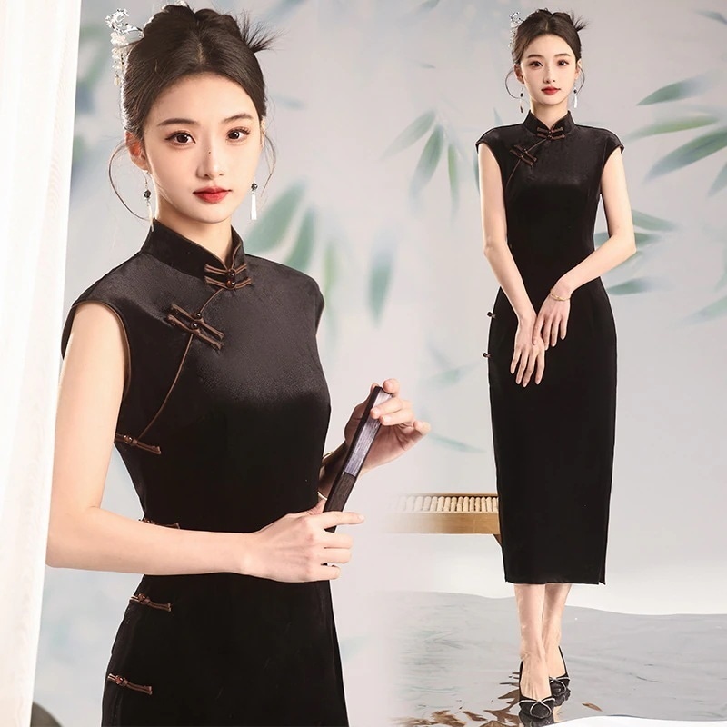 2024春夏改良チャイナドレスノースリーブベルベット気質性能毎日改良チャイナドレスグッズ