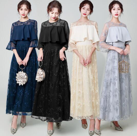 ワンピース　4色　結婚式　パーティードレス　発表会　二次会　披露宴　ロングドレス　袖あり　上品　着瘦せ