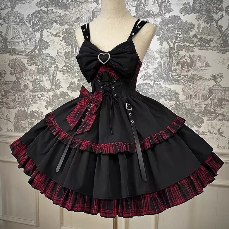 クライン 洋装 復活祭 セクシー ダーク 仮装 コスプレ 大人 コスプレ チェック柄ウエストスリムキャミソールスカート ロリータ 新作ロリータ 可愛い ブルー ロリータ 文化祭