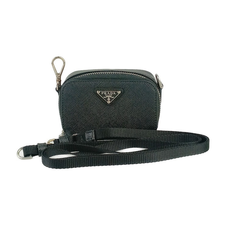 超美品 PRADA プラダ ショルダーポーチ サフィアーノ トラベル ミニポーチ 2TT105 ブラック シルバー金具 レザー ユニセックス ミニバッグ【本物保証】
