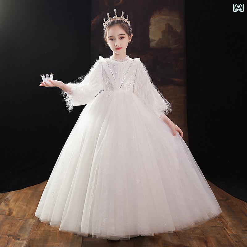 キッズ 女の子 イブニングドレス プリンセス フラワーガール 前短く後ろロングドレス 結婚式 セレモニー エレガント シルエット 長袖 パフォーマンス