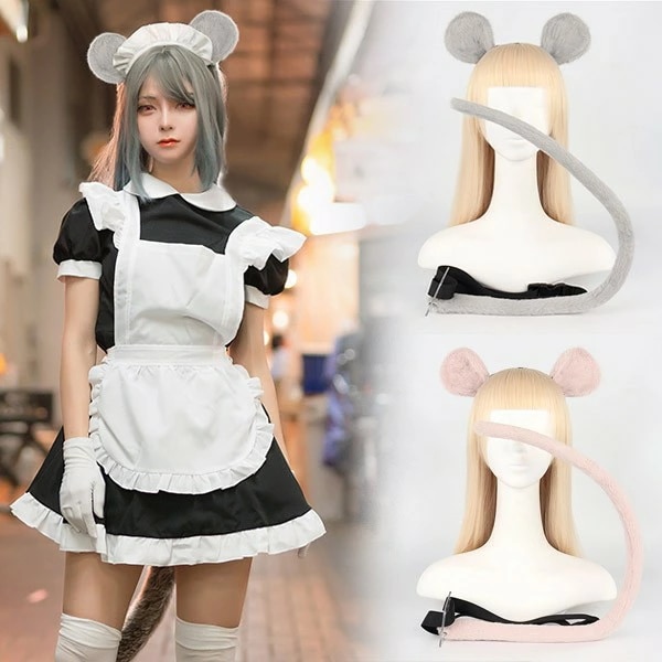 コスプレ道具 手作り 尻尾 耳 カチューシャ セット 可愛い ネズミ コスプレ cosplay 可愛い 大人用 子供用 仮装 文化祭 学園祭 コスチューム アクセサリー ハロウィン 灰色 ピンク dr