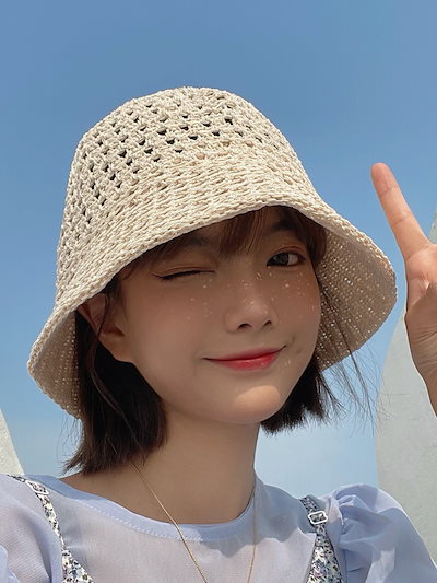 折り畳み可能な純色手編みかぎ針麦わら帽子子供夏...のサムネイル