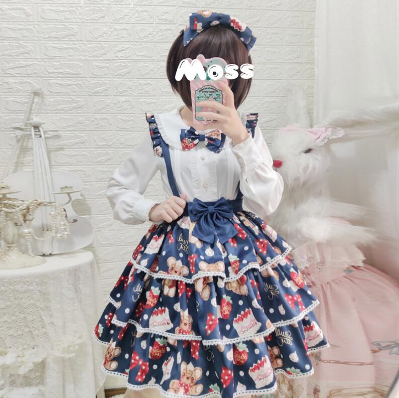 くまちゃん 可愛いスカート ロリータワンピース 可愛いロリータ服 ジャンパースカート 甘ロリータ クマ柄 プリント フリル パーティードレス 萌え Lolita 大人コスチューム ゴスロリ ハロウィン