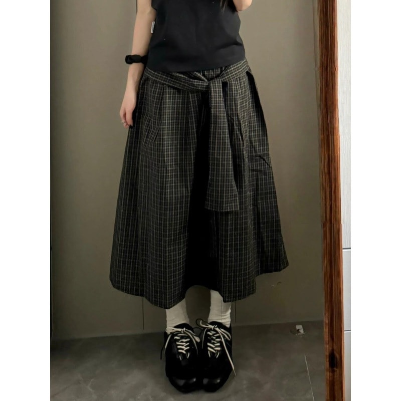 【送.料.無.料.急速発送】【新作】バンド格子プリーツ2025ゆったりウエストをデザインロングスカート