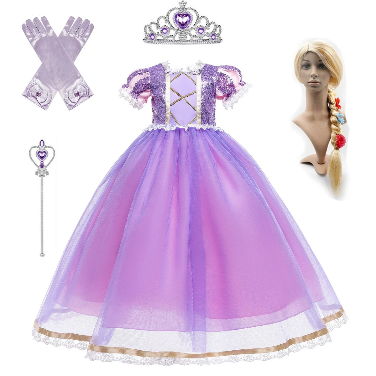 子供用 プリンセス　パープル　ピンク　2色選べる　5点セット　女の子大人気 ドレス コスチューム ハロウィン 仮装 クリスマス プレゼント100cm　110cm 120cm 130cm 140cm 1