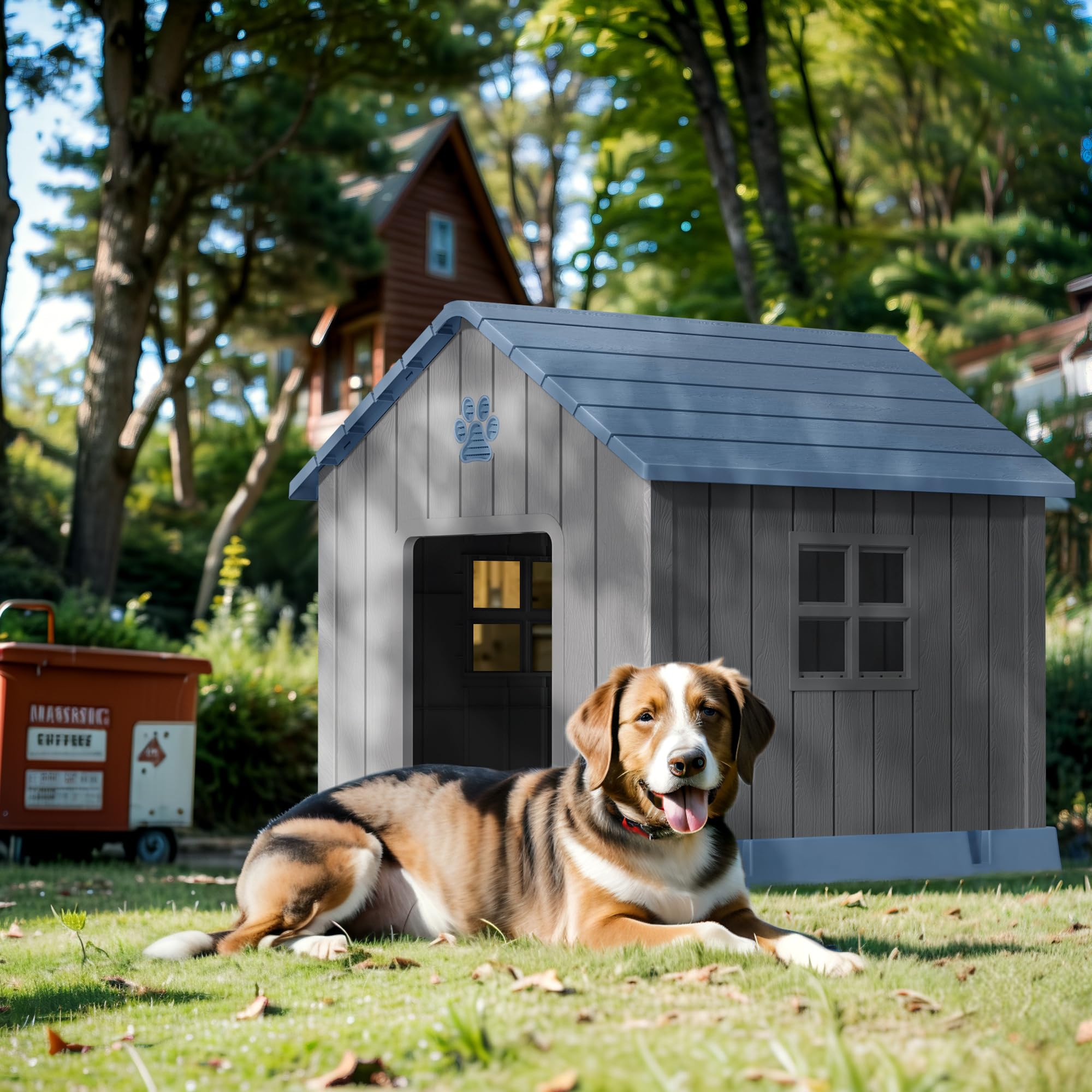 犬小屋 プラスチック製 Mサイズ グレー+ブルー 室内室外兼用ペットハウス 通気性 で組立簡単 丸洗い可能 高耐久設計 雨漏れ防止 お洒落デザイン リビングやベランダに最適