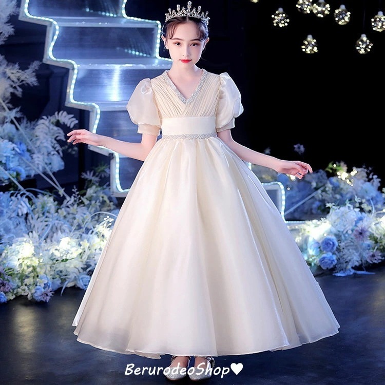 子供ドレス ロングドレス シャンパン色 ピアノ発表会ドレス 女児ドレス パフスリーブ パール 可愛い 演奏会ドレス フォーマル キッズドレス 女の子ドレス Vネック プリンセスドレス 100 110