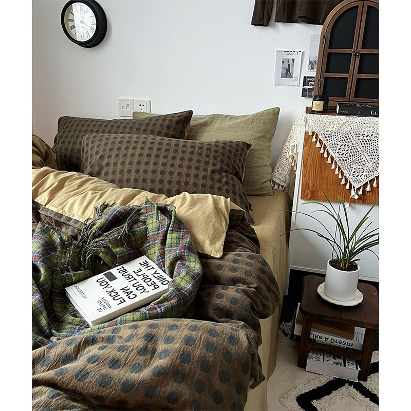 サデウスの栗の木/ヴィンテージ風レトログリーン水玉ジャガードコットンベッドシーツ4点ボックスシーツセット