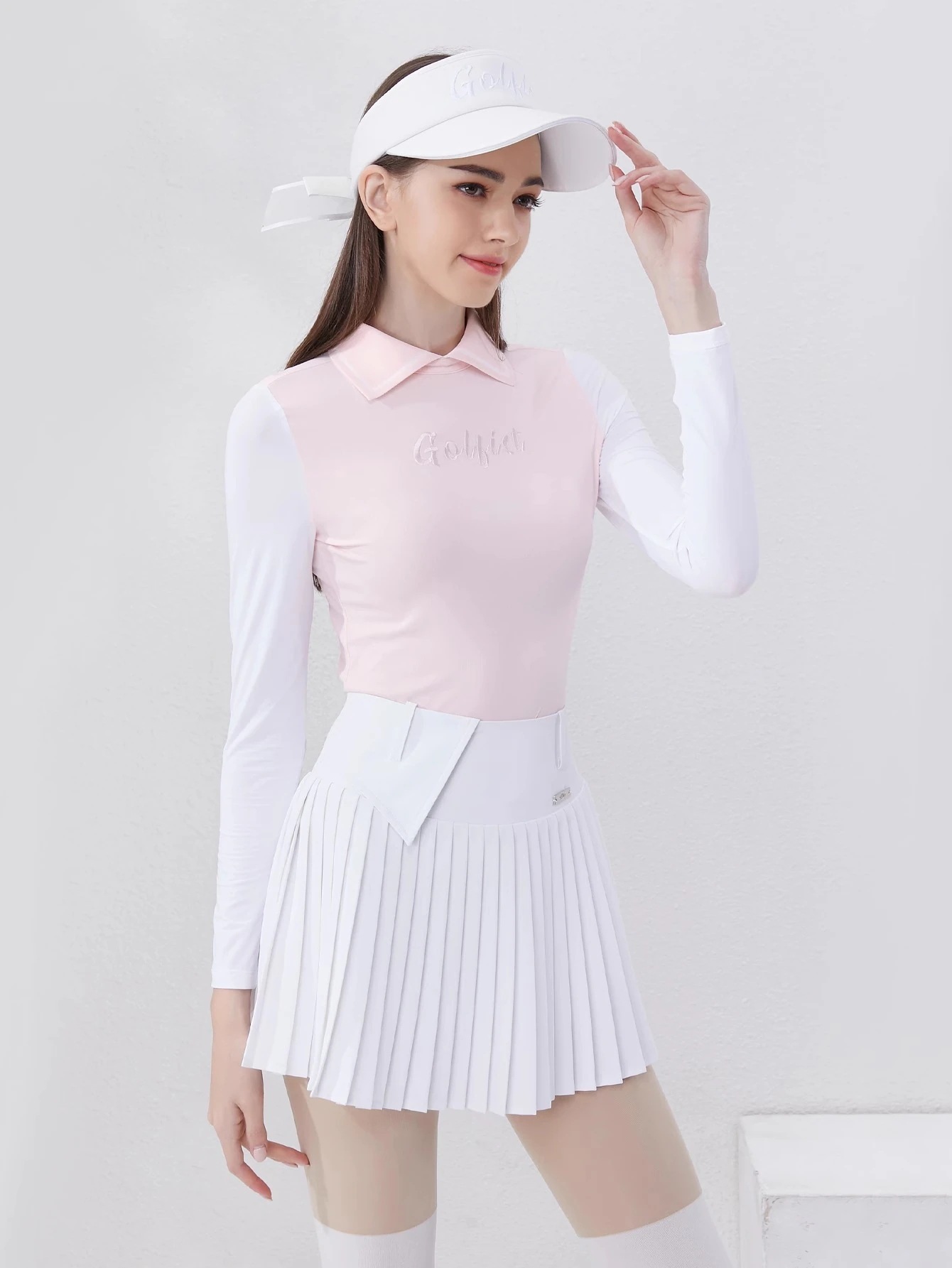 ゴルフウェア レディース スポーツウェア 冷感長袖 薄手 日焼け止め POLOシャツ Tシャツ スカート 上下セット 白 ピンク プリーツスカ 春夏 速乾 女性 テニスウェア 韓国風 おしゃれ
