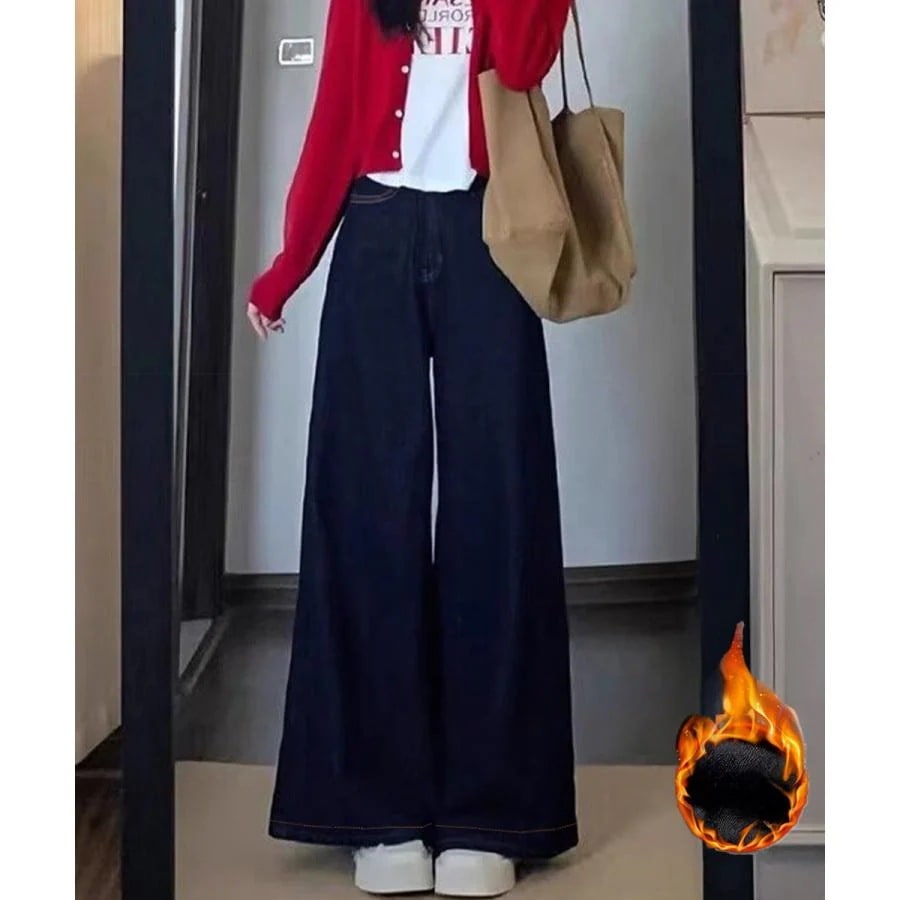 即納 ワイドデニムパンツ 裏起毛 レディース冬