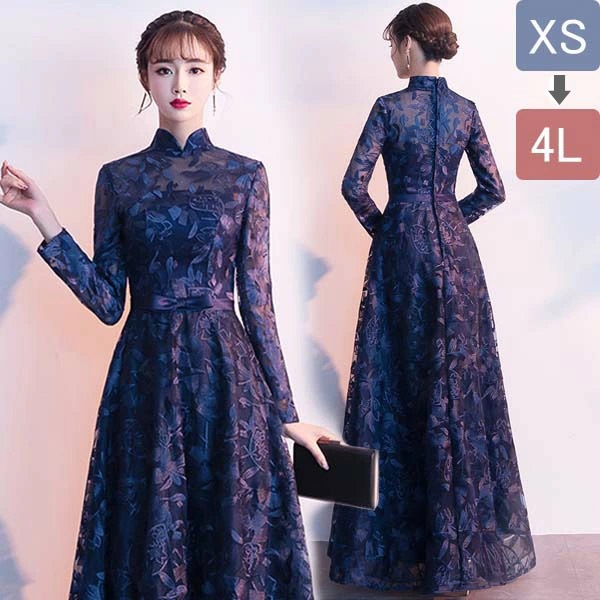 ドレス 大人 ピアノ 発表会 ロングドレス 母親 結婚式 ミセス向けドレス イブニングドレス 刺繍 ハイネック 長袖 演奏会 パーティードレス 大きいサイズ レディース 結婚式 女子会 披露宴 二次会