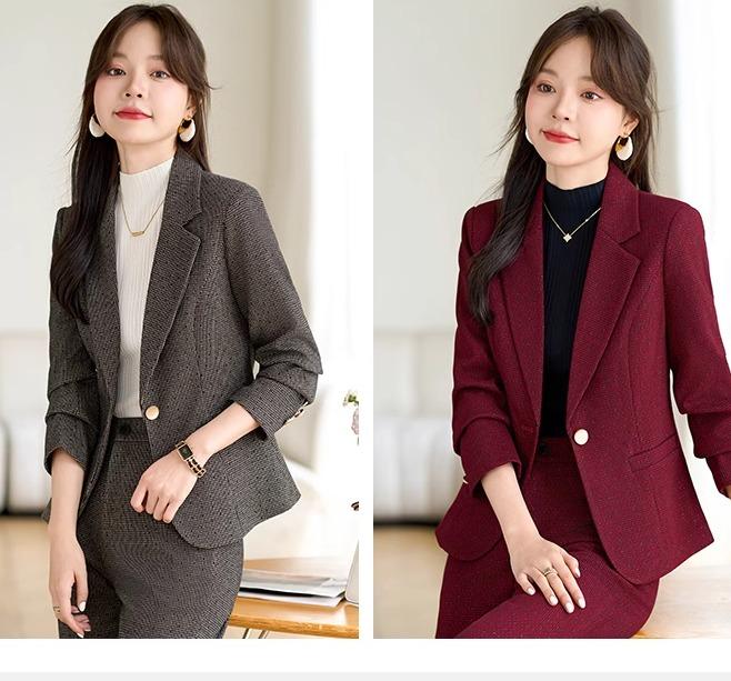 レディース パンツスーツ ウール 茶グレー ワインレッド エレガント あたたかい セットアップ 上着 ジャケット ２点 ボタン１つ ワードロープ シック きれいめ フォーマル セレモニー オフィスウェ