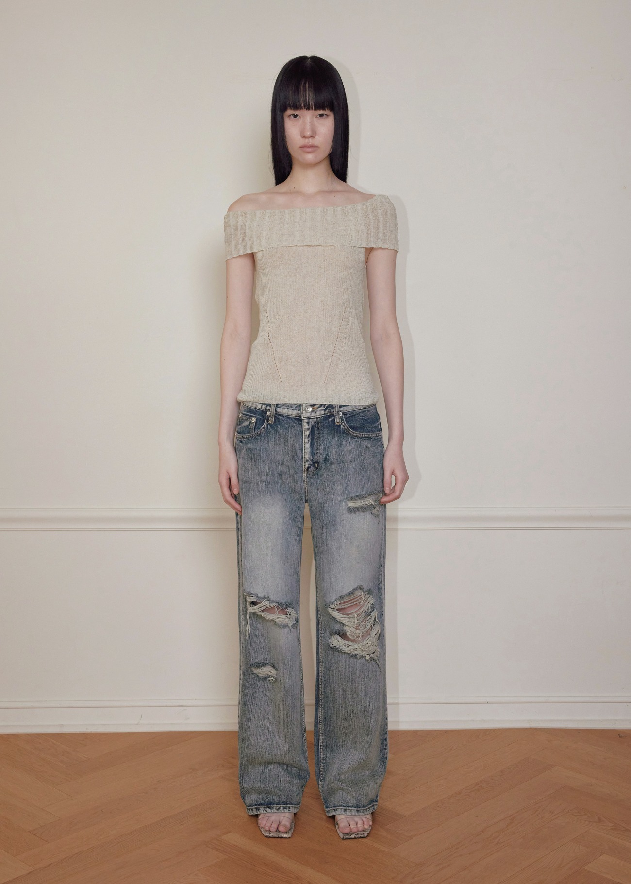 【bohemseo】 LINEN OFF-SHOULDER KNIT, BEIGE 正規品