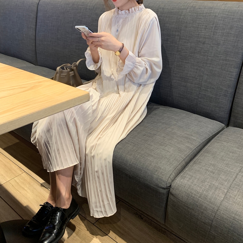 ワンピース シャツワンピース ロング ロング丈 袖あり 長袖 パフスリーブ ハイネック フレア プリーツ ふわふわ 透け感 薄手 大人可愛い 大人 上品 おしゃれ 大人可愛い 大人女子 ラフ