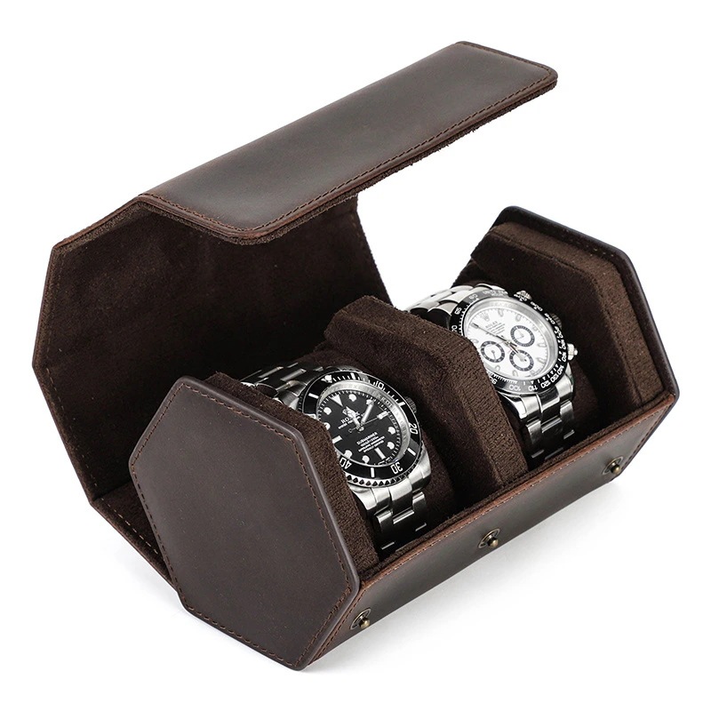 レトロ狂馬皮カップル腕時計ケース手作り六角形クリエイティブアウトドア 旅行2本腕時計収納ケース