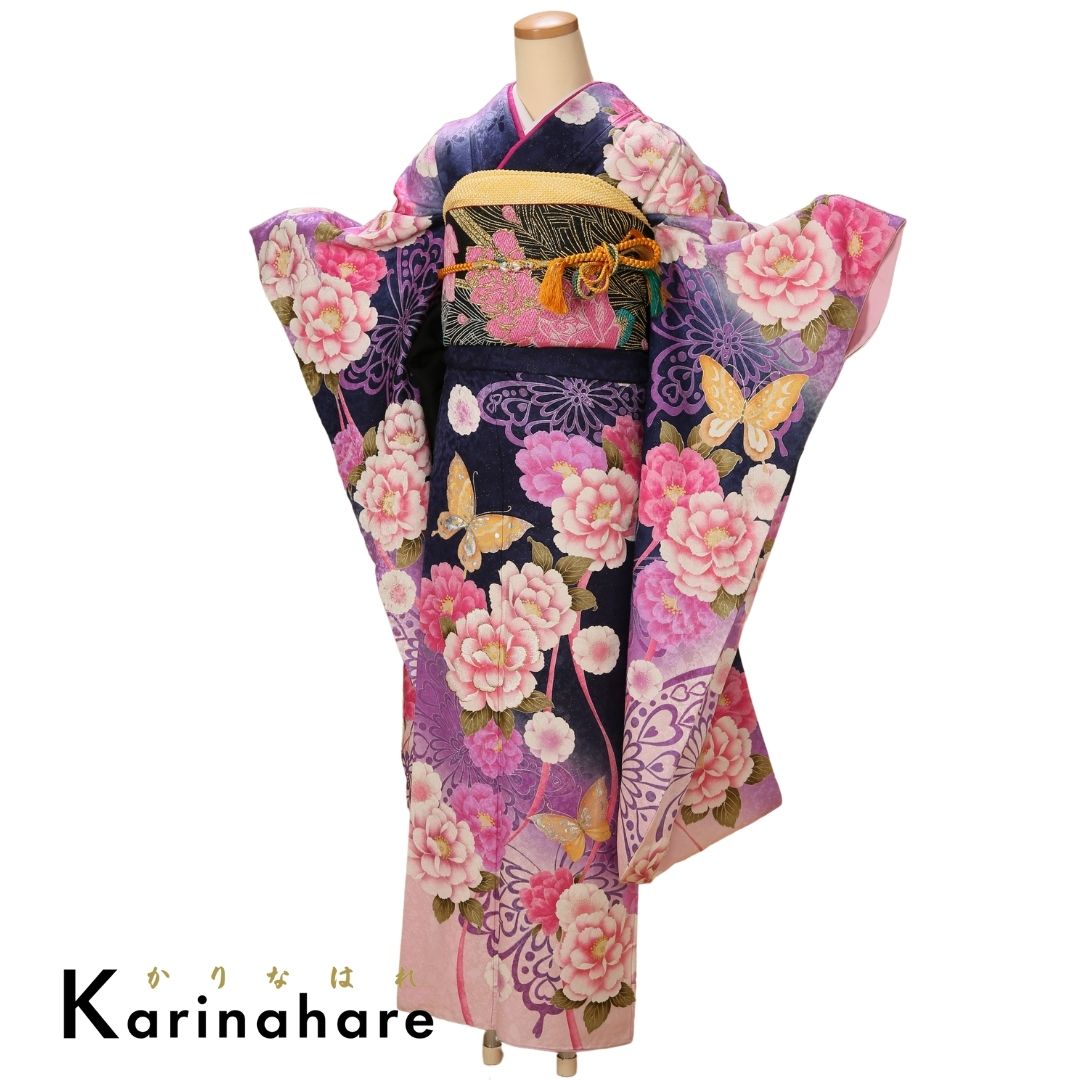 きほ振袖セットF311-106 紺紫グラデーション地に存在感のある牡丹と蝶が描かれた振袖