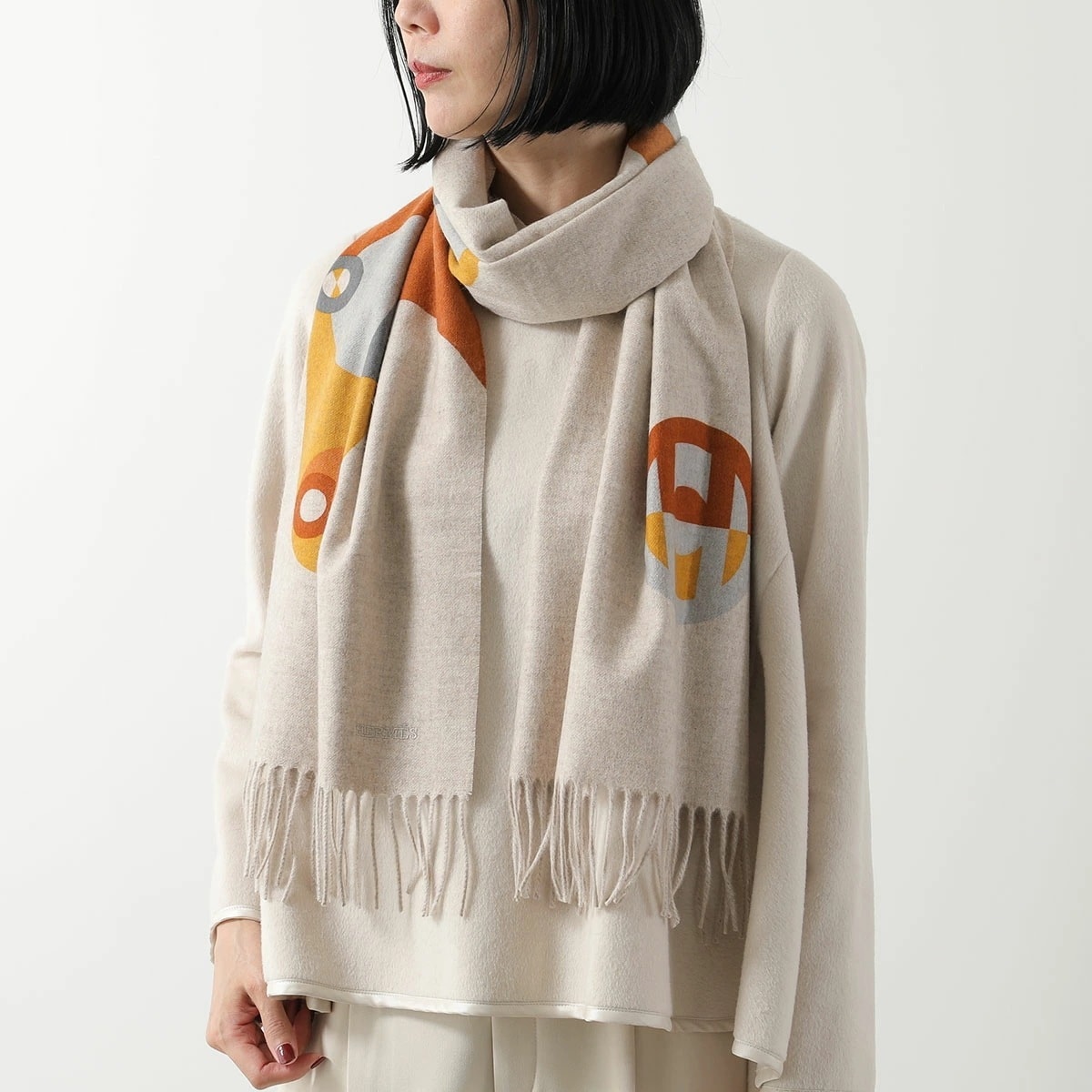 HERMES エルメス マフラー 170×40 テオレム・デキタゴール Theordme dEquithagore H394826T レディース カシミヤ ストール 02-Naturel/Orange