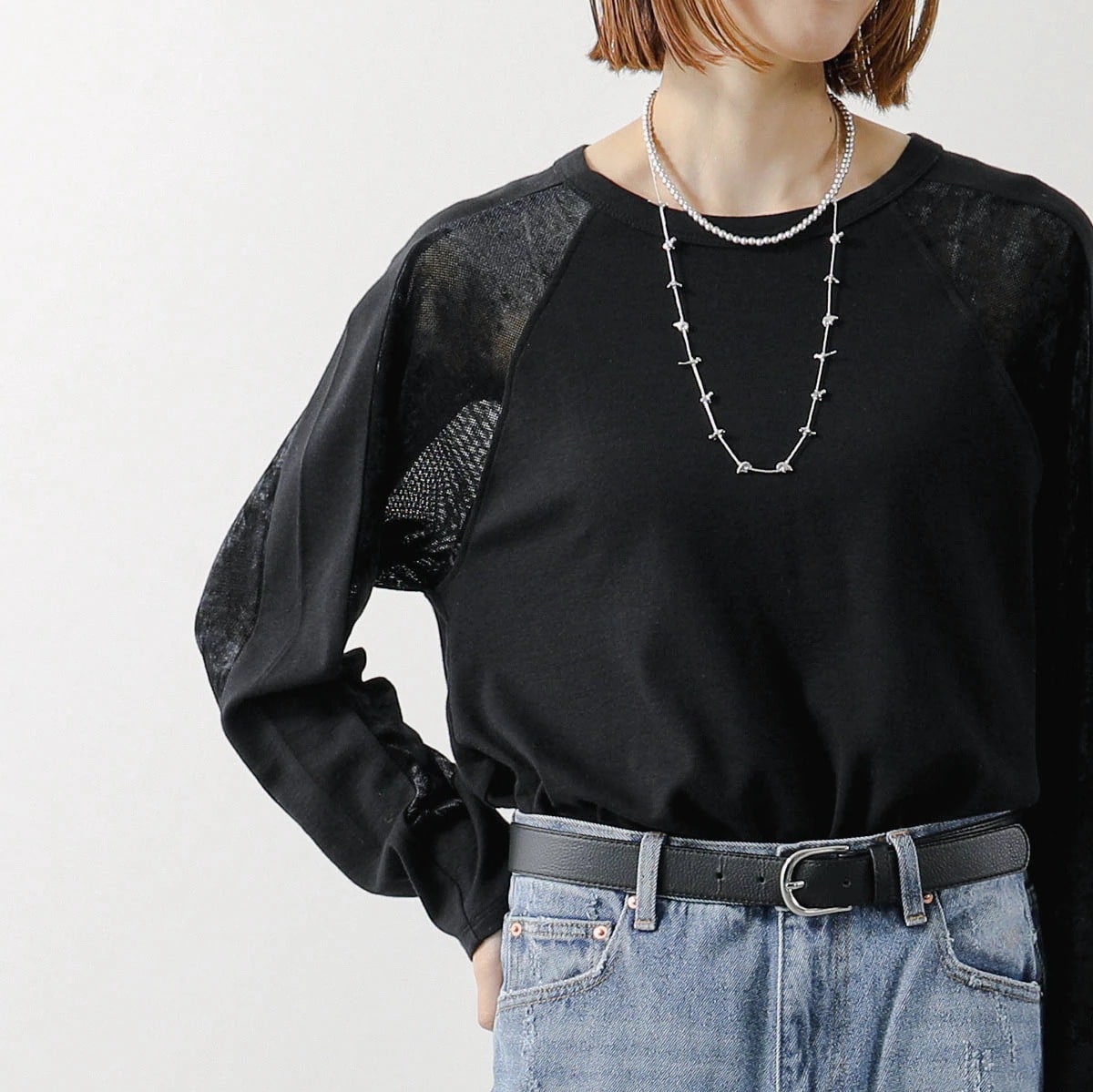 Munich ミューニック 長袖 カットソー MN252U17 レディース メッシュ ベロア ジャージー ラグラン プルオーバー シースルー シアー クルーネック blk