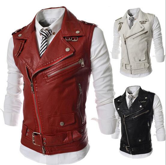 メンズPU皮革ベストチョッキフェイクレザーベストショート丈ノースリープミディアム丈シンプルスリム