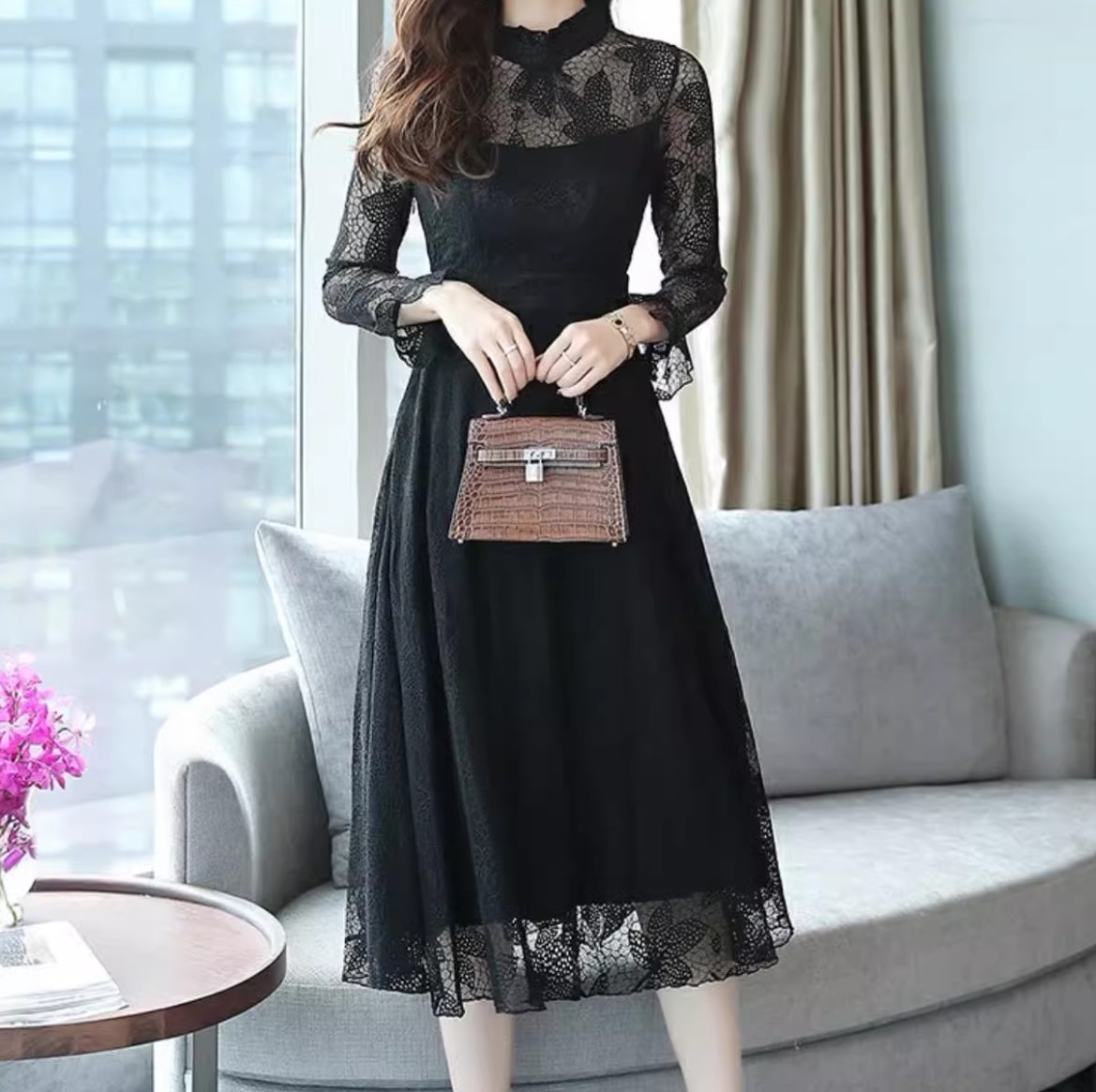 ドレス ワンピース ウェディング パーティー 結婚式 二次会 披露宴 演奏会 発表会 ステージ フォーマル キャバ 衣装 謝恩会 ラウンジ 膝下 ミモレ ロング マキシ アンクル丈 7分袖 長袖