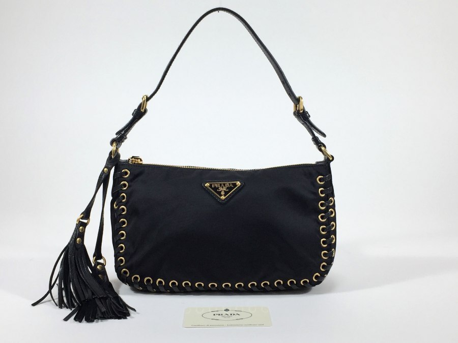 ハンドバッグ ナイロンレザー ブラックゴールド フリンジ 【中古品】