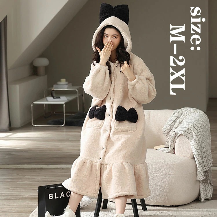 レディースルームウエア 可愛い バスローブ ナイトローブ パジャマ オシャレ きれいめ リボン柄 帽付 レディース フランネル 裏起毛 厚手 防寒 ルームウエア 部屋着 寝巻き ホテル用 自宅用 ルー