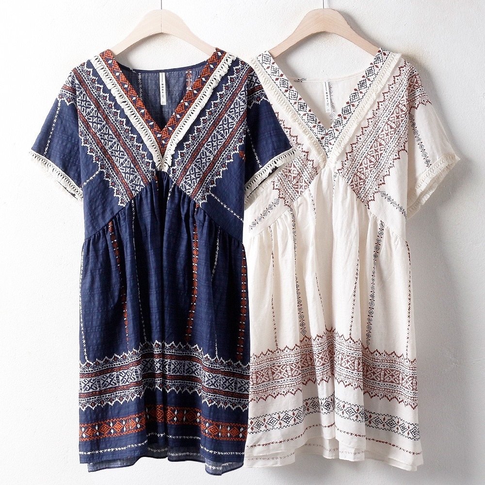 韓国ファッション大きいサイズBRのVエスニックブラウス（2834H807）ビッグ女性服ロングルーズフィット korea fashion bigsize