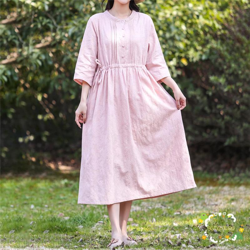 ワンピース ミモレ丈 7分袖 綿麻 レディース 大人 春 夏 ロング マキシ丈 ドレス 体型カバー シンプル きれいめ ロングワンピース