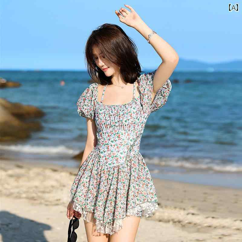 水着 レディース メンズ カップル用 半袖ワンピース フレアレース付きワンピーススカート ギャザースカート ビーチパンツ ペアルック お揃い グリーンフローラルプリント グリーン小花柄 大きいサイズ