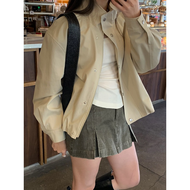 秋物スタンドカラーショートウインドブレーカージャケット ルーズワークスタイルジャケット W0562