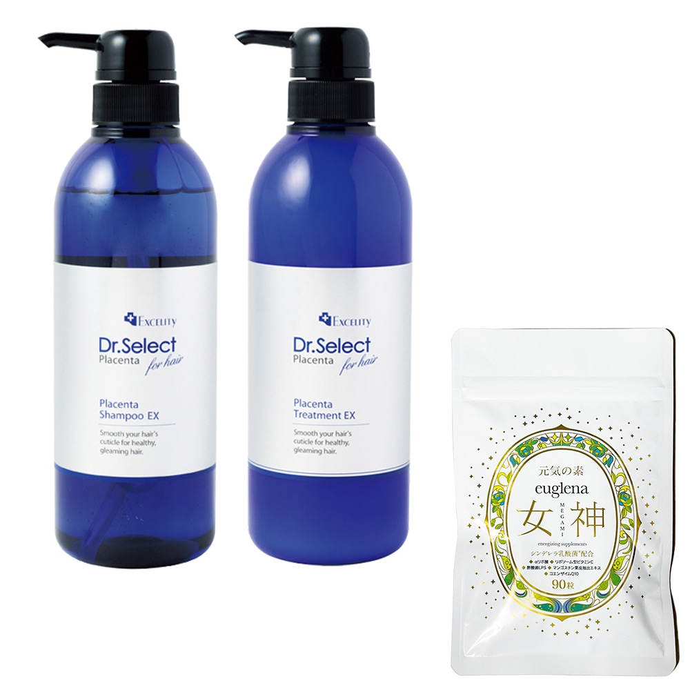お得セットユーグレナ女神90粒＋(プラセンタシャンプー＋トリートメント本体２本セット)