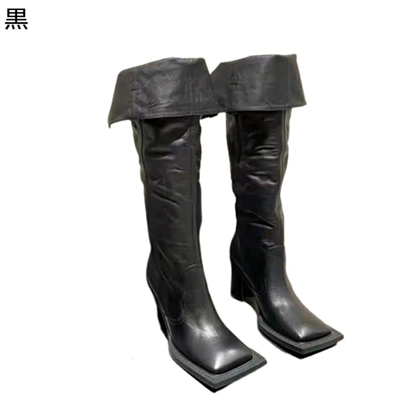 ロングブーツ オーバーニーハイブーツ ニーハイブーツ 2way カット折れる ドレープ レディース 太ヒール スクエアトゥ ハイヒール 個性的 レトロ PUレザー 身長アップ セクシー 柔らかい